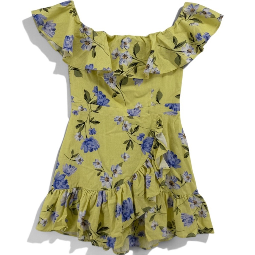 Yumi Kim Yellow Blue Floral Ruffle Off Shoulder Mini Dress Large Feminine Pastel